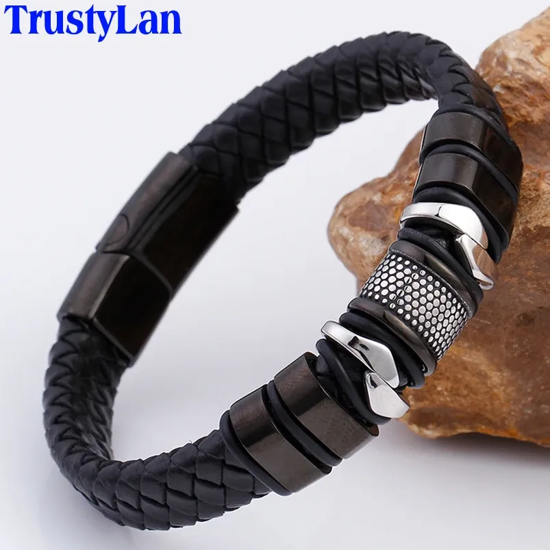 Pulseiras 16mm de largura aço inoxidável envoltório pulseira masculina preto couro genuíno pulseiras com fecho magnético presentes graváveis