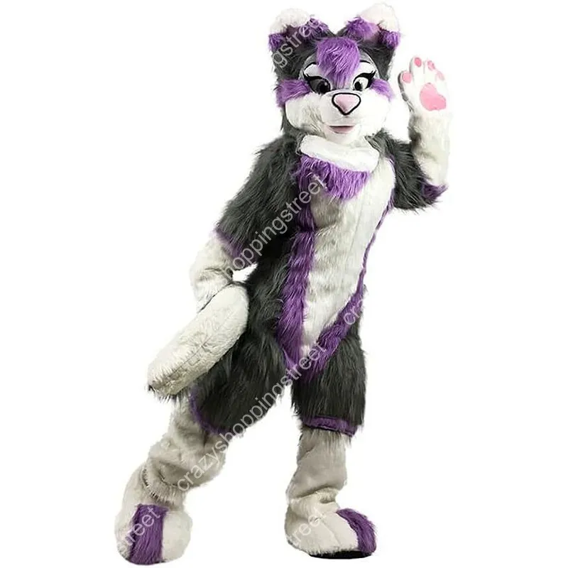 Purple Grey Long Fur Furry Husky Dog Fox Mascot Costume Cartoon ...