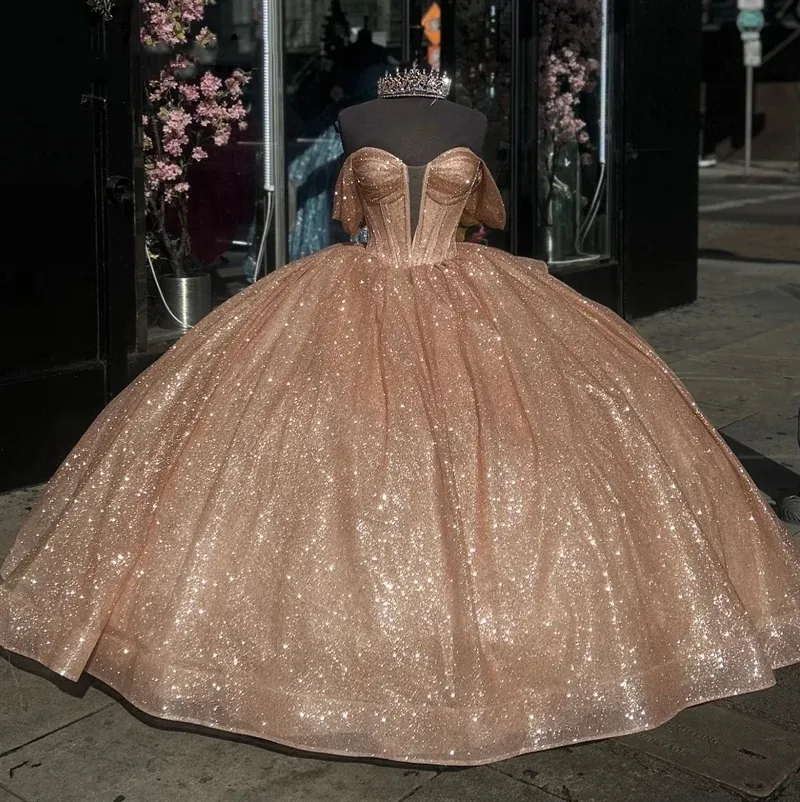 Glitter Rose Gold Quinceanera Dress Off Shoulder Bow, Crystals & Beads  Shiny Sweet 16 Cinderella Gown Vestidos De 15 Anos From Queenshoebox,  $188.67 | DHgate.Com