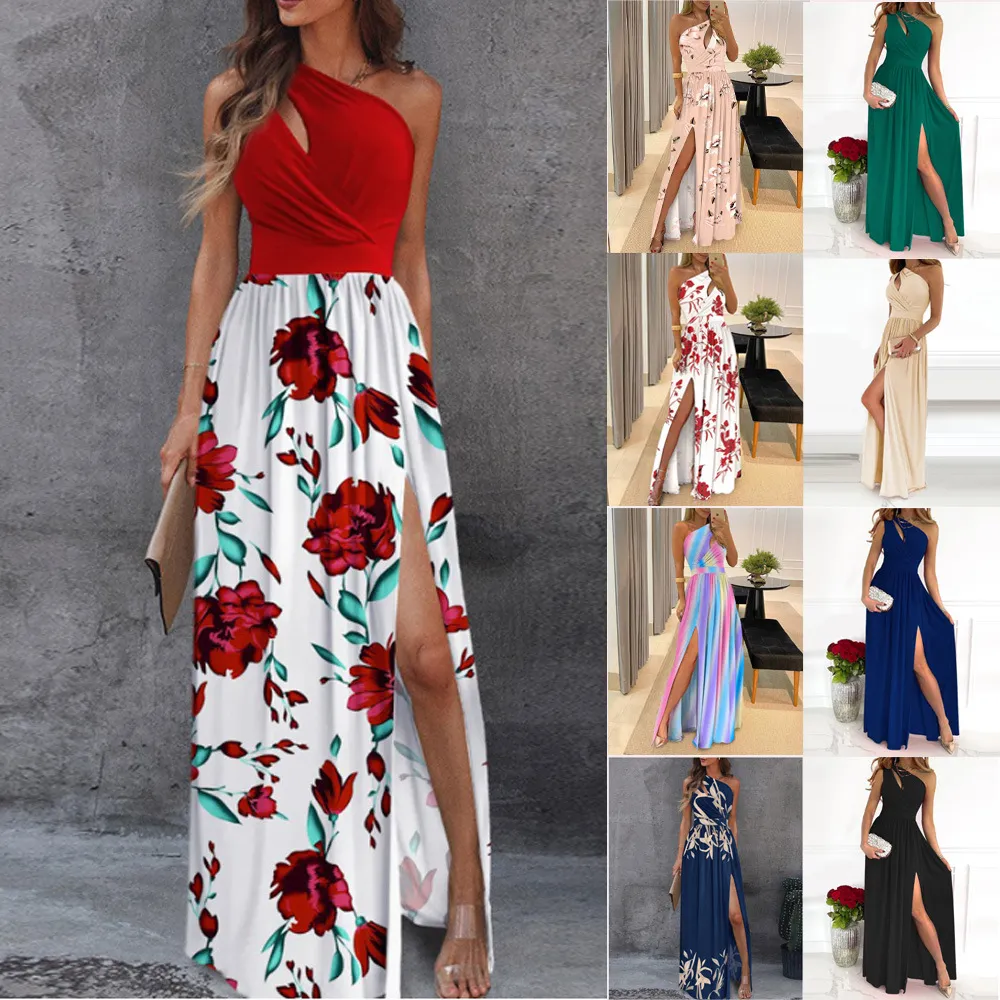 One Shoulder Cut Out Gradient Elegant Maxi Dress Fall Ruched Split Women Sexy Backless Long Party Festival Boho