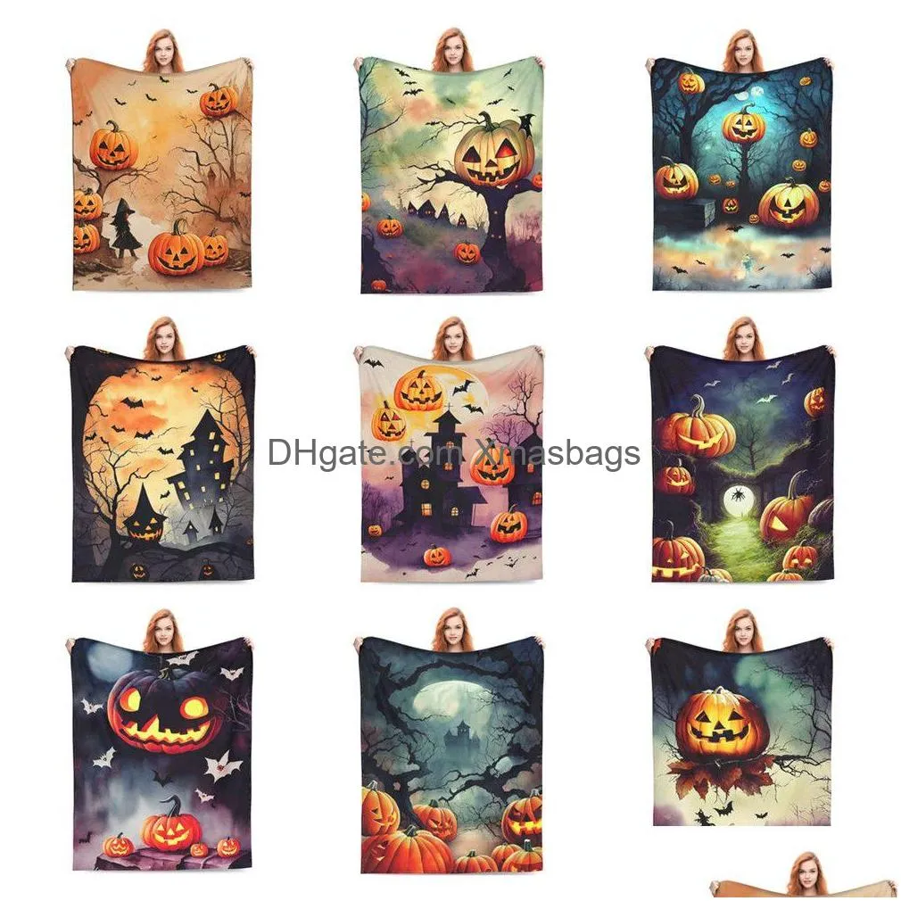 Blankets 2023 Designer Flannel Blanket Halloween Pumpkin Bat Castle Series Custom Interior Sofa Bed Cozy Warm For Holiday Party Drop Dhblg