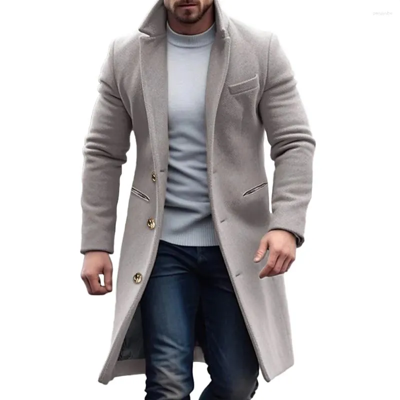 Herrjackor Autumn Winter Men Single Breasted Coats Overcoat Solid Color Long Sleeve Woolen Blends Trench Male Topps