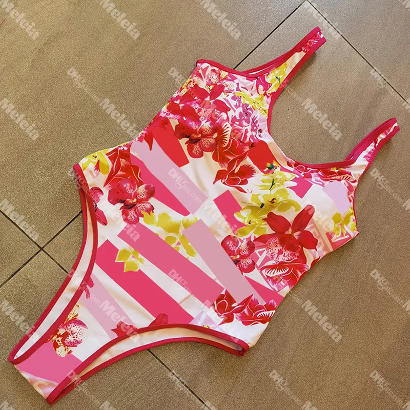 Women Swimsuit One Piece Floral Printed Beachwear Letter Swimwear High Waist Sport Bathing Suit