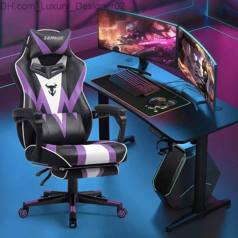 大人のためのその他の家具ZEANUSゲームチェア紫色のゲーム椅子は、重い人のためのフットレストでコンピューター椅子をリクライニングしますQ240129