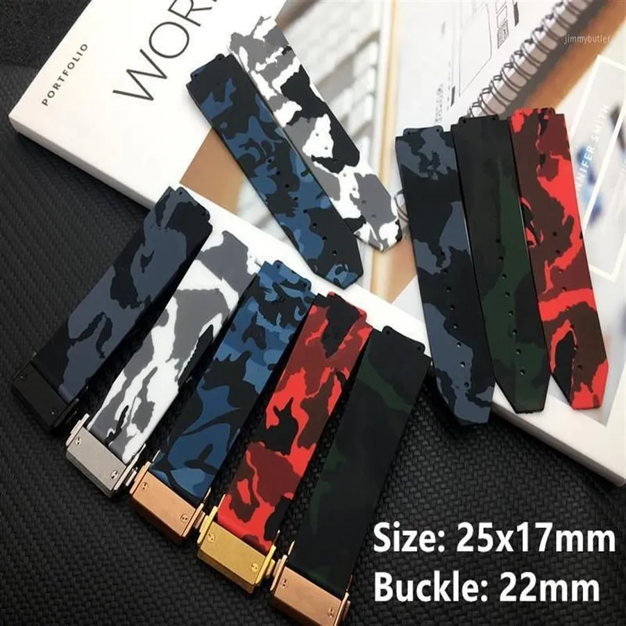 Varumärkekvalitet 25x17mm Red Blue Black Grey Camo Camoflag Silicone For Belt For Big Bang Strap Watchband Watch Band Logo On1254s