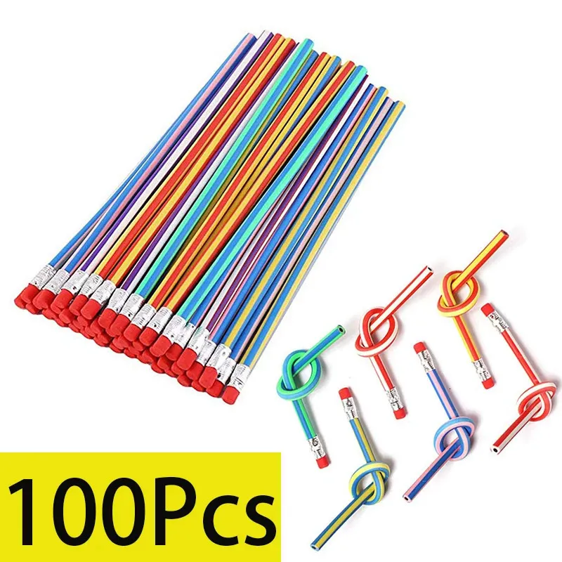 100 st Bendy roliga pennor för KidsMagic Bendable Flexible Colorful Stripe Soft Rubber Pennor med Erasers för klassrumsgåvor 240118