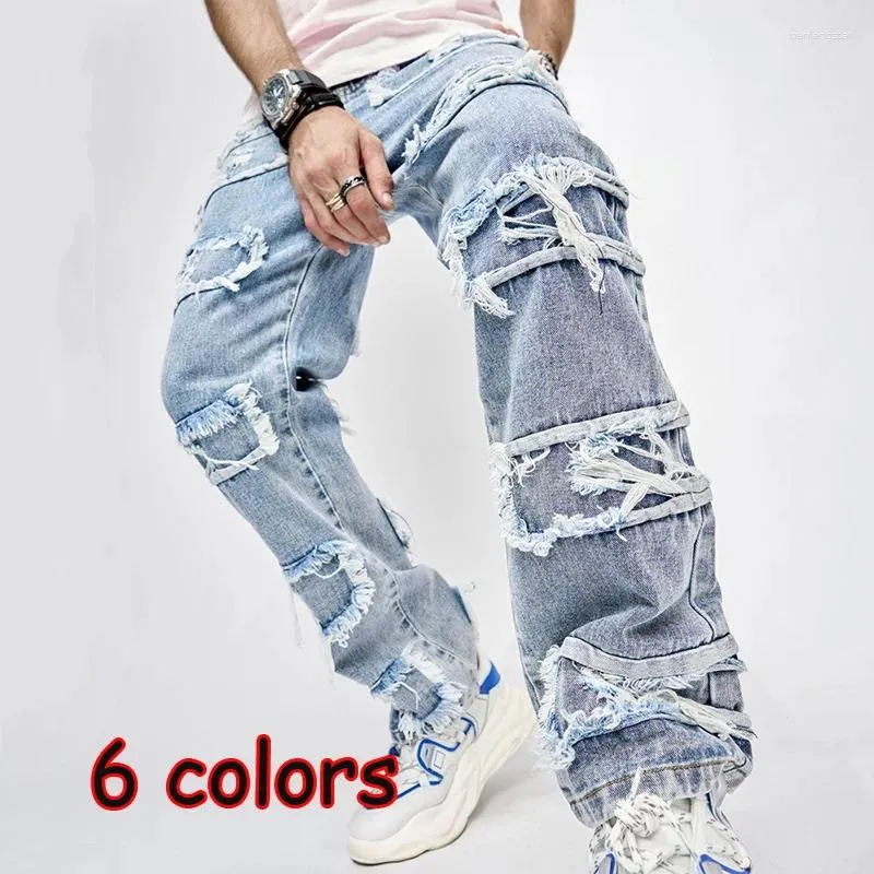 Men's Jeans Casual Tassel Denim Vintage Patchwork Hiphop Straight Pants Bleached Washed Fashional Middle Weight