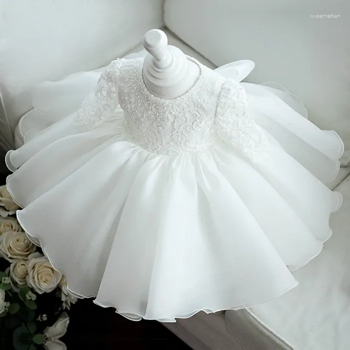 Robes à paillettes blanches pour filles, vêtements de 1er anniversaire pour bébé, manches longues, en maille, pour baptême, robe de bal de princesse