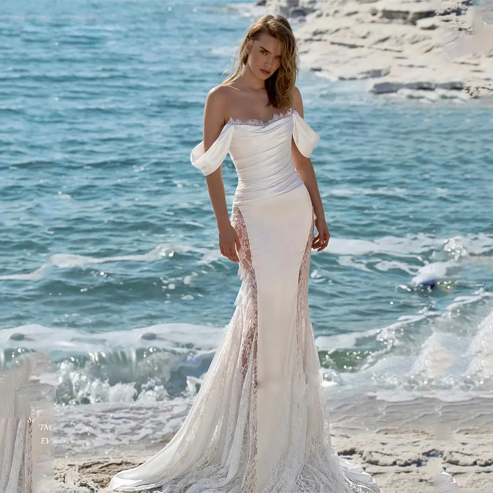 Robes de mariée sexy de plage sirène en dentelle à épaules dénudées avec robe de mariée à paillettes 2024 plissée balayage train Boho trompette robe de mariée