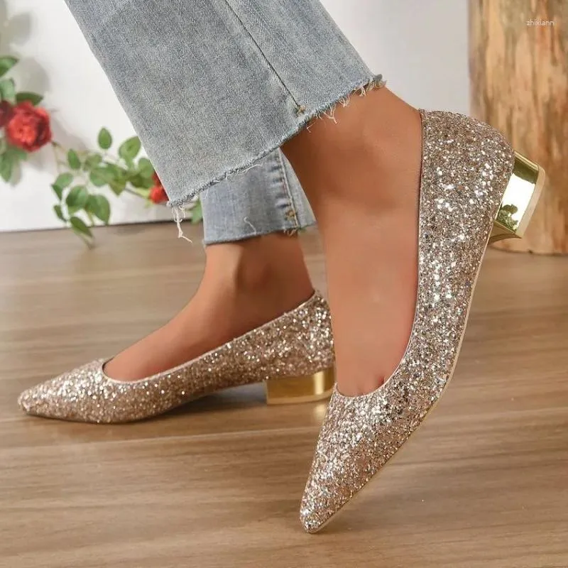 Robe chaussures sexy brillant paillettes pompes femmes bout pointu talons bas fête de mariage femme slip-on bling paillettes mariée