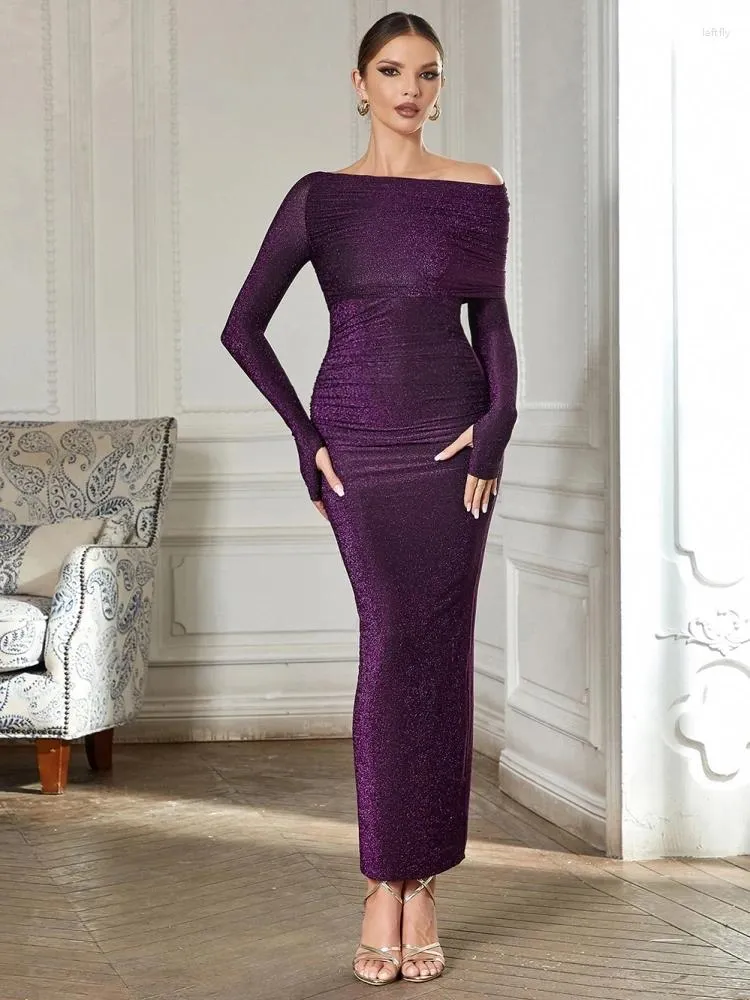 Robes décontractées Sexy une épaule plissée longue robe femmes violet brillant manches plis design moulante maxi cocktail soirée soirée