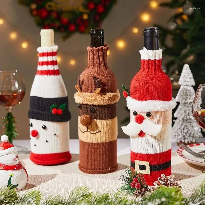 Décorations de Noël Couverture de bouteille de vin Père Noël Bonhomme de neige Tissé Ornement pour fête dîner Table Cadeaux de l'année