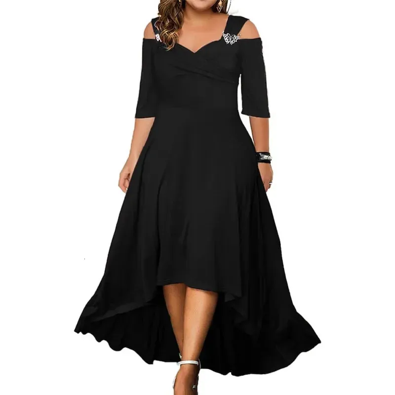 L5XL Summer Fashion Elegant Long Dress Plus Size Women Clothing Solid Halter Kort ärm Oregelbunden Casual Dress Drop 240124