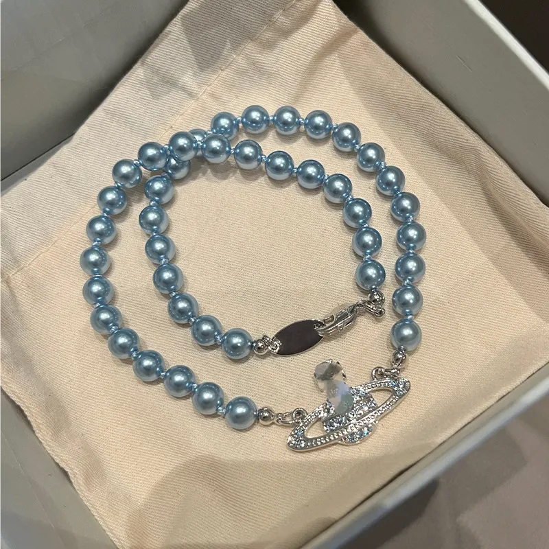Женские дизайнерские ожерелья, новое синее жемчужное ожерелье Сатурна, ниша, полная бриллиантов, планета, цепочка на ключицу