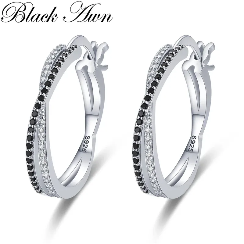 Earrings Black Awn Classic Silver Color Round Black Trendy Spinel Engagement Hoop Earrings for Women Jewelry Bijoux I209
