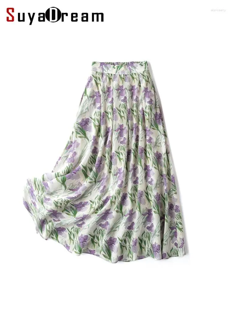 Skirts SuyaDream Long Pleated Skirt For Woman Real Silk Floral Printed Elastic Waist Chiffon 2024 Spring Summer Bottoms