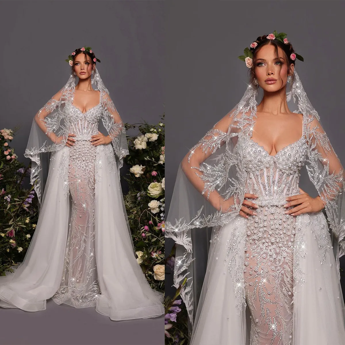 Robe de mariée sirène sexy avec voile chérie bretelles spaghetti robes de mariée perles paillettes robes de train détachables pour la mariée sur mesure vestidos de novia