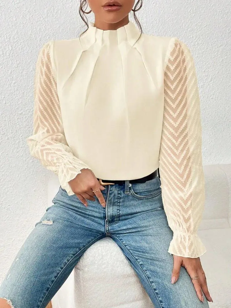 Damesblouses Herfst- en winterblouse Shirt Halfhoge hals Gesplitst golfpatroon Chiffon top met lange mouwen voor dames