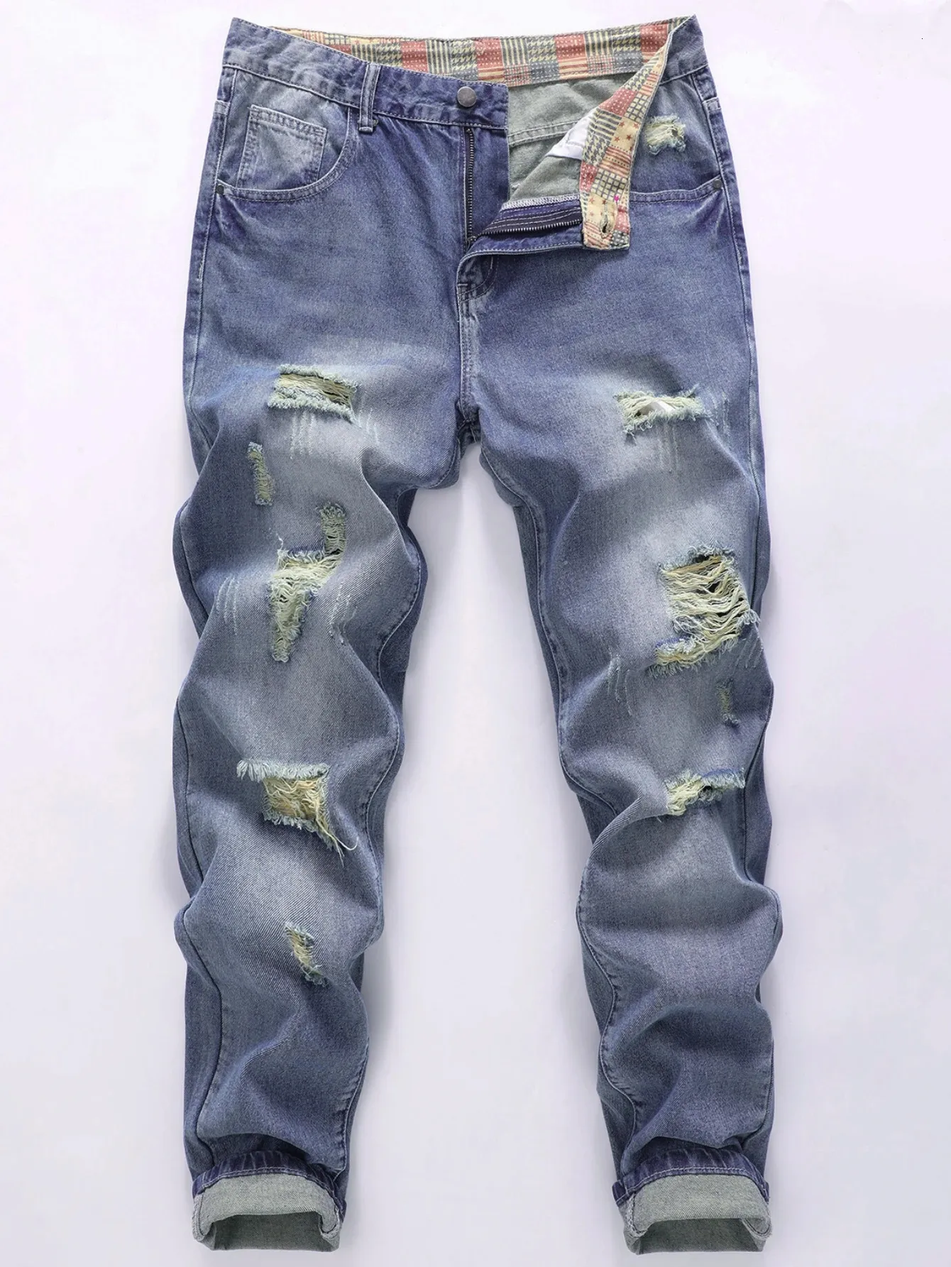 Pantaloni da uomo in denim di moda casual dritti in cotone non elasticizzato Jeans strappati sfilacciati lavati con candeggina con blocchi di colore 240125