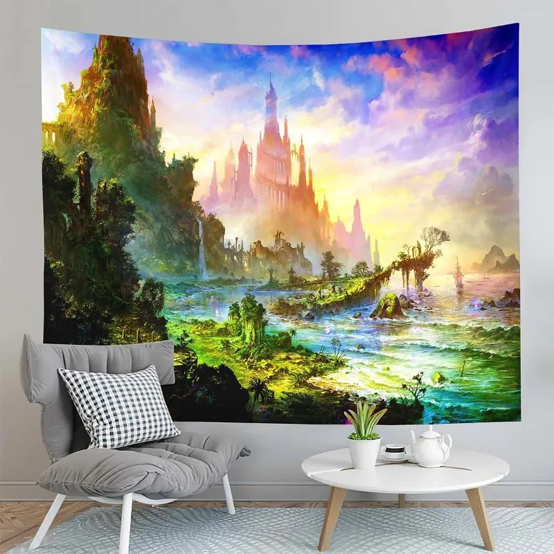 Tapissries Fantasy Castle Tapestry River Forest Fairy Tale World Home Living Room sovsal sovrum estetik