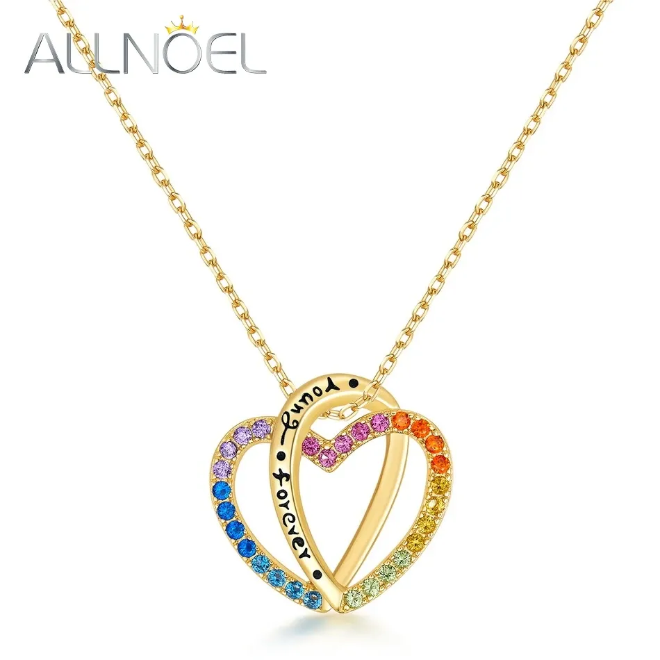 Halsketten ALLNOEL 925 Sterling Splitter Anhänger Halskette für Frauen Regenbogen Liebe Herz Bunte Zirkon Geschenke Gold Farbe Schmuck Für Immer Junge