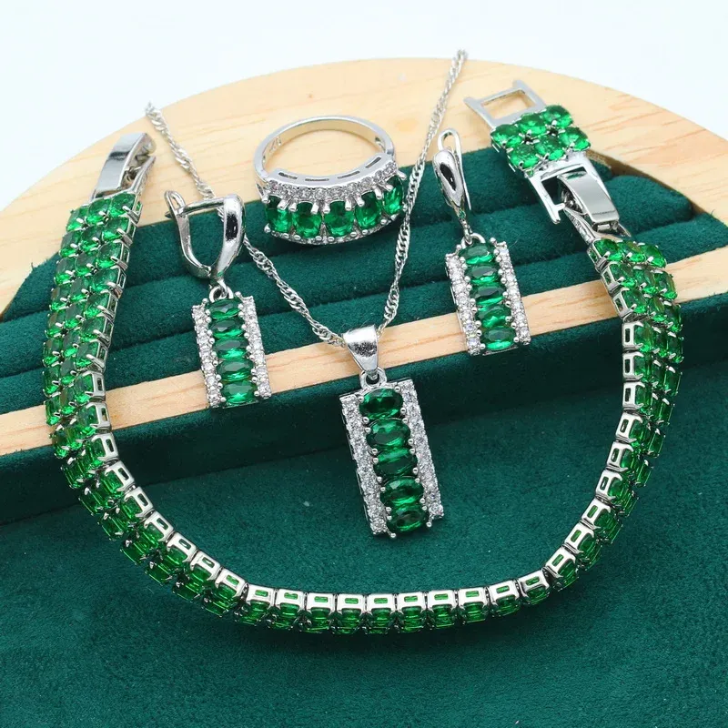 Necklace Green Emerald Blue Stones 925 Silver Jewelry Set For Women Earrings Necklace Pendant Ring Bracelet Birthday Gift