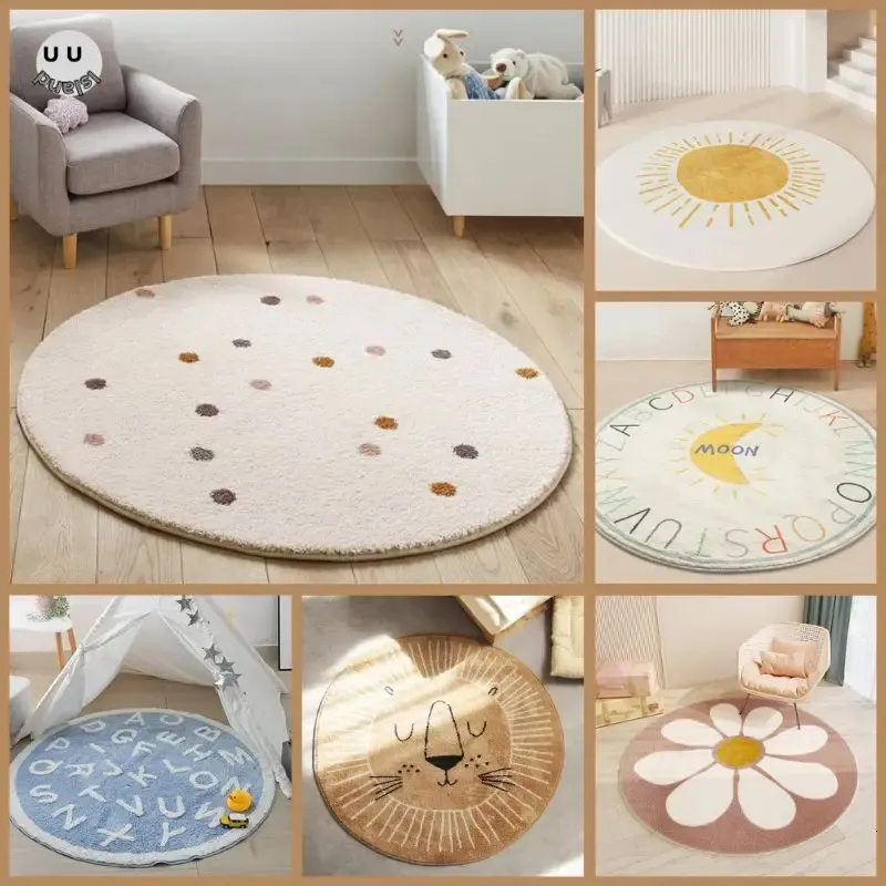 Tapis rond moelleux pour salon, tapis de jeu poilu pour enfants, tapis de chambre à coucher en peluche douce de dessin animé pour enfants 240125