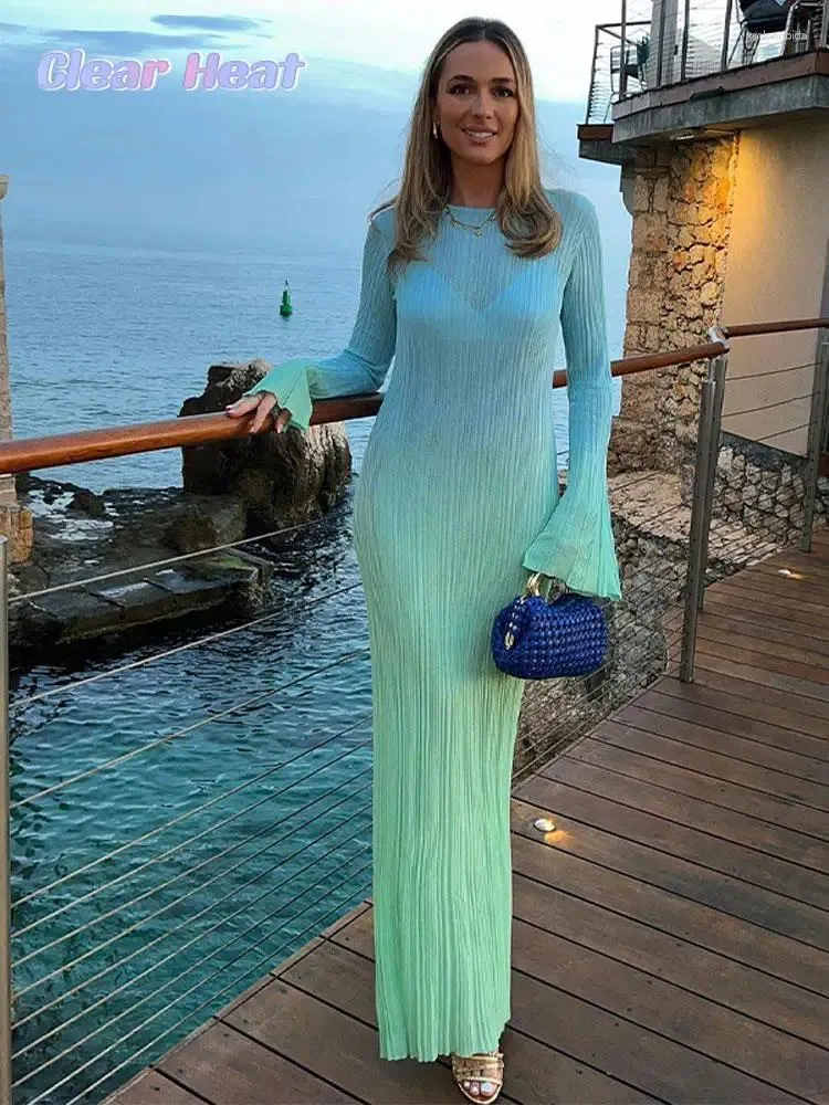 Sıradan Elbiseler Kadın Moda Gradyan Uzun Kollu Maxi Elbise Zarif O Boyun İnce 2024 Yaz Kadın Plaj Partisi Meslek Vestidos
