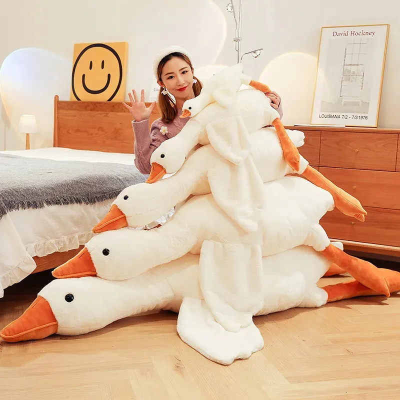 50-190cm 귀여운 큰 흰색 구스 플러시 장난감 가와이 거대한 오리 수면 베개 쿠션 소프트 박제 동물 인형 생일 선물 240118