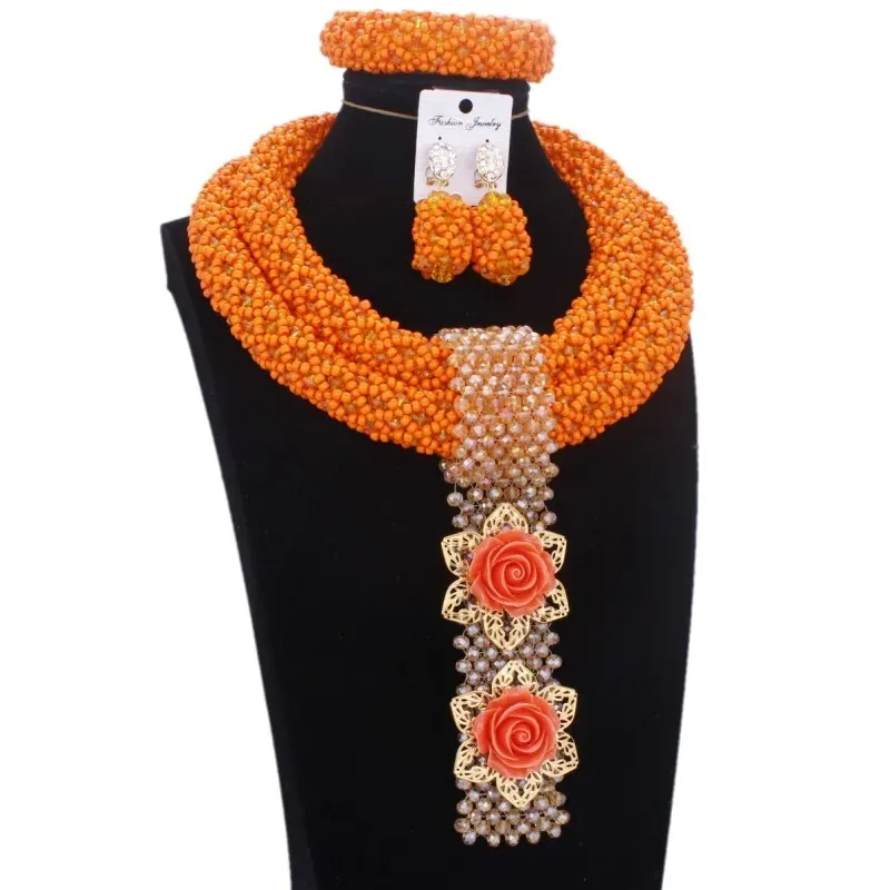 Dudo Orange and Gold Bold African Beads Nigeriaanse sieraden Set voor vrouwen 2024