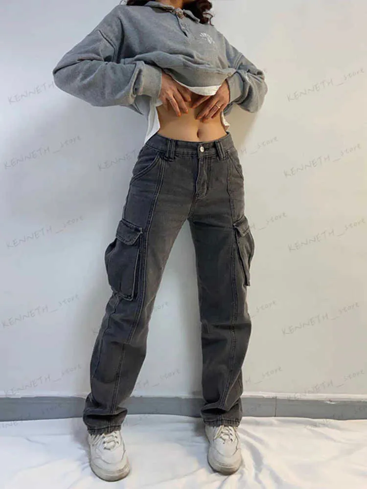 Damenjeans WeiYao Damen Cargohose Straight Cargo Jeans Hose Hohe Taille Vintage Pantn Streetwear Femme Mujer Multi Pocket 2022 T240129