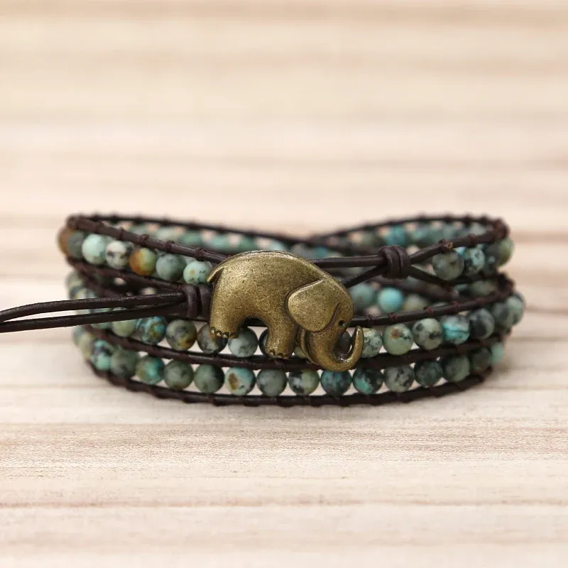 Bangle Vintage Elephant Button Leather Armband Natural Stone African Turquoises 3 trådar Handgjorda wrap -armband för män och kvinnor