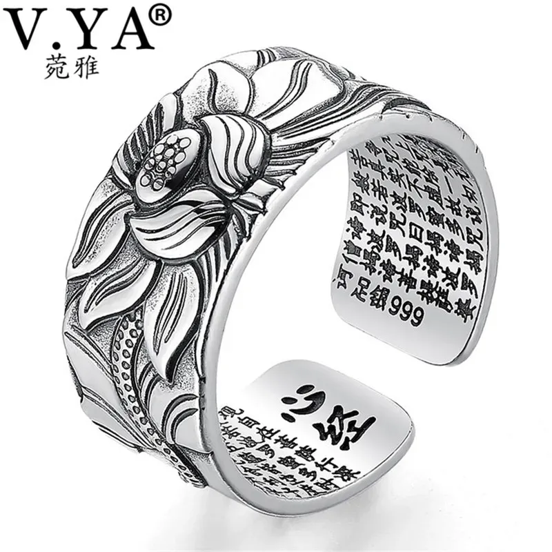 Ringar V.YA 100% REAL 999 Pure Sier Jewelry Lotus Flower Open Ring For Men Man Fashion Free Size Buddhistic Heart Sutra Rings Presents