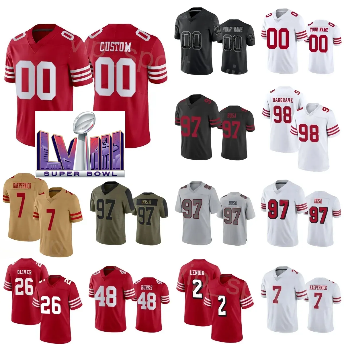 Piłka nożna Super Bowls 98 Javon Hargrave Jerseys 7 Colin Kaepernick 97 Nick Bosa 2 Deomore Lenoir 26 Isaiah Oliver 31 Tashaun Gipson Sr 48 Oren Burks Woman