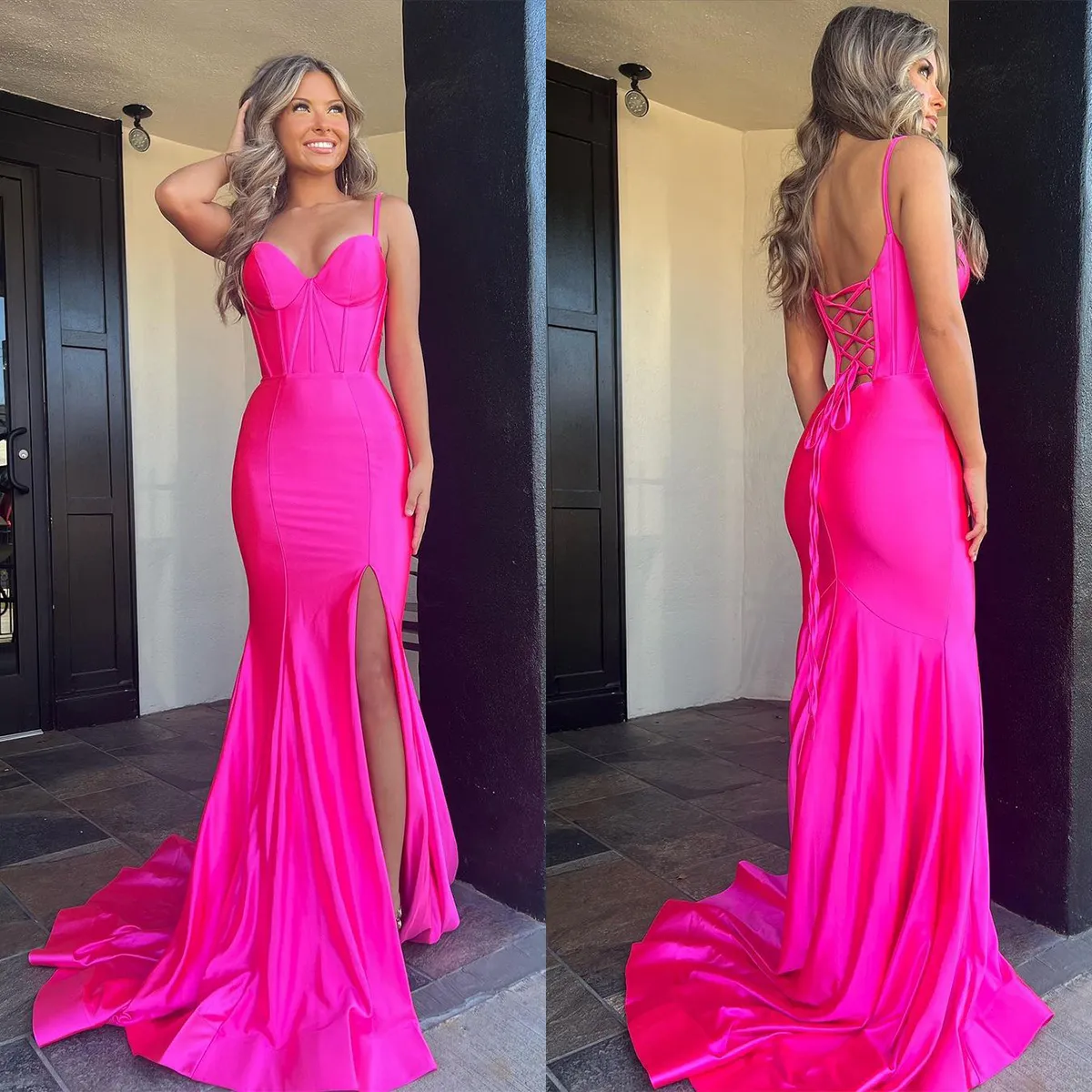 Sexy Satin Mermaid Hot Pink evening dress with Spaghetti Straps and Lace-Up Back - Perfect for Prom, Formal Events, and Parties in Hot Pink