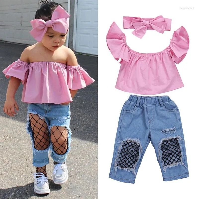 Clothing Sets 3Pcs Toddler Kids Girls Set Off Shoulder Tops Fake Net Socks Denim Pants Jeans Outfits Clothes Children's