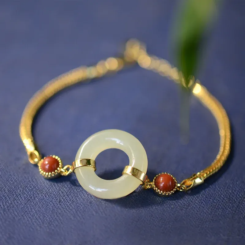 Pulseiras sólidas de ouro 14k para mulheres, pulseira feminina de ouro não desbota, acessórios de casamento, pulseiras de pedra de jade natural