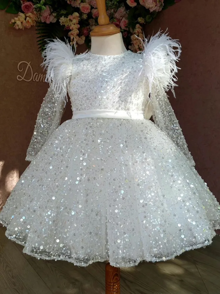 sequined White girl pageant dress First Communion Dresses For Girls 2024 Brand Tulle Lace Infant Toddler Pageant long sleeve Flower Girl Dress Weddings and Birthday