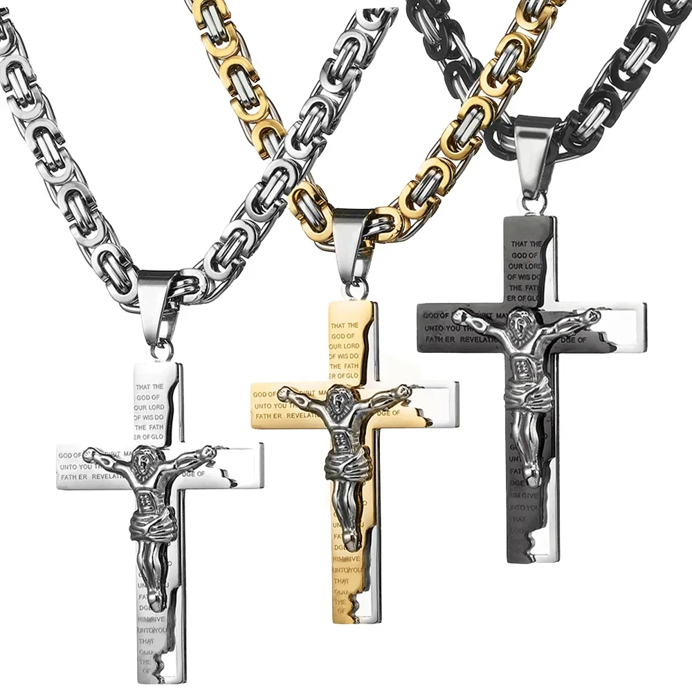 Necklace 6mm Flat Byzantine Chain Necklace for Men's Neck Jewelry Stainless Steel Sier Gold Black Color Jesus Cross Pendant