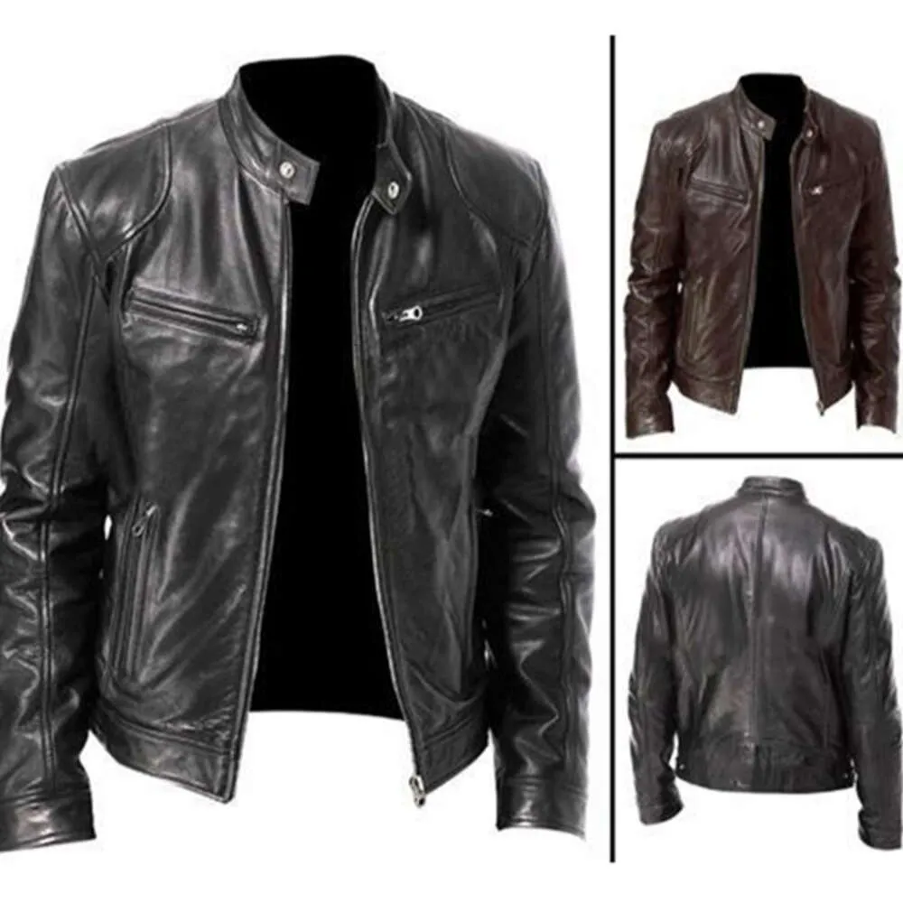 "Jaqueta de couro masculina clássica outono inverno - gola com zíper preto casaco de motociclista para entusiastas de motocicletas"