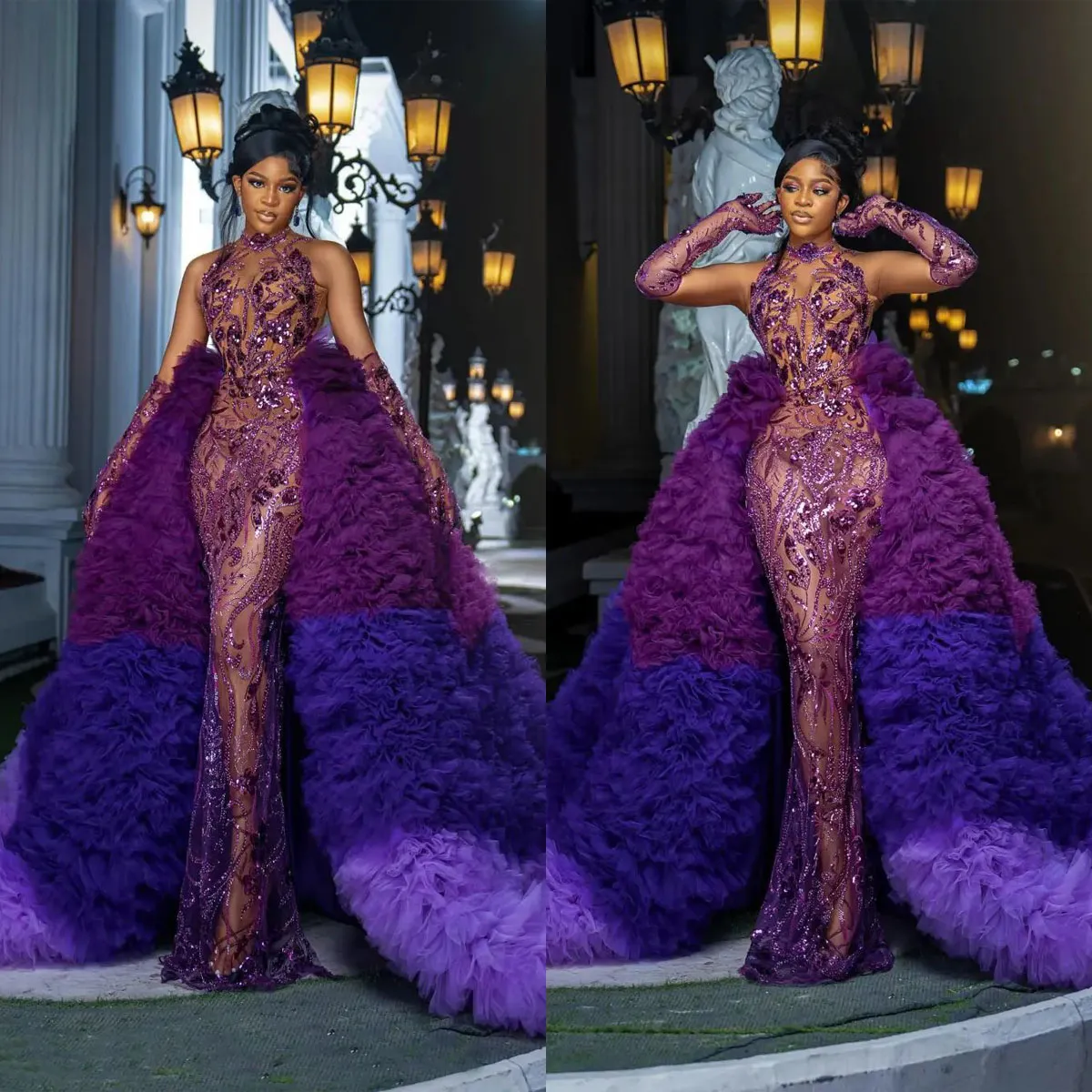 Robes de soirée à paillettes à l'illusion sexy superbe robe de bal haut de cou gonflé pliched bched robe de fête de train détachable robe