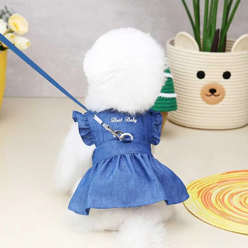 Dog Apparel Small Dog Dress With D-Ring Denim Dog Skirt Soft Tractable Jean Dress for Female Dog Apparel Doggie Sundress Pet Clothes