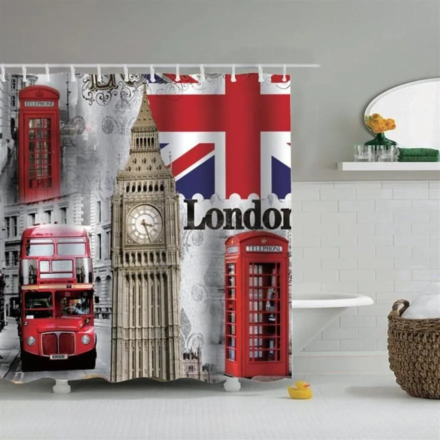 Dafield Londra Duş Perdesi İngiliz Big Ben UK Jack Flag Telefon Önyükleme Kulesi Köprüsü Londra Şehir Sokak Duş Perde310z