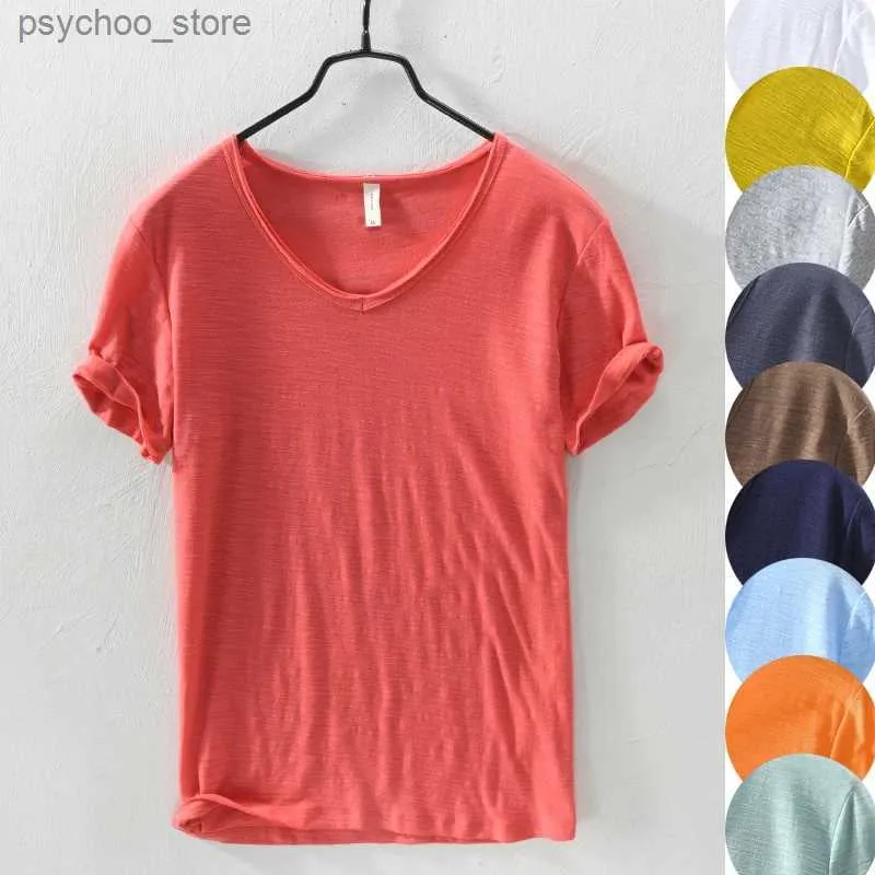 Мужские футболки Мужская футболка из 100% хлопка в стиле ретро с необработанными краями - Легкая дышащая облегающая однотонная повседневная цветная футболка с v-образным вырезом - Базовый топ Q240130
