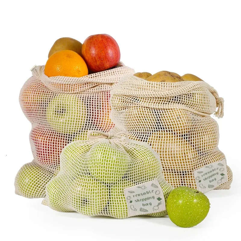 3 pçs reutilizáveis produzir sacos de algodão orgânico lavável sacos de malha para compras de supermercado frutas vegetais organizador saco de armazenamento 240125