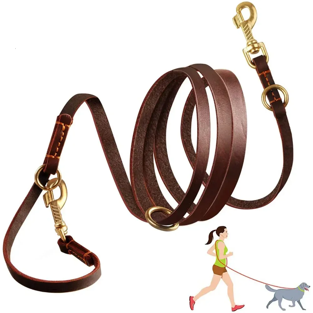 Coleira multifuncional para cães, forte e macia, couro real, ajustável, mãos livres, crossbody, coleira dupla para todos os cães 240124