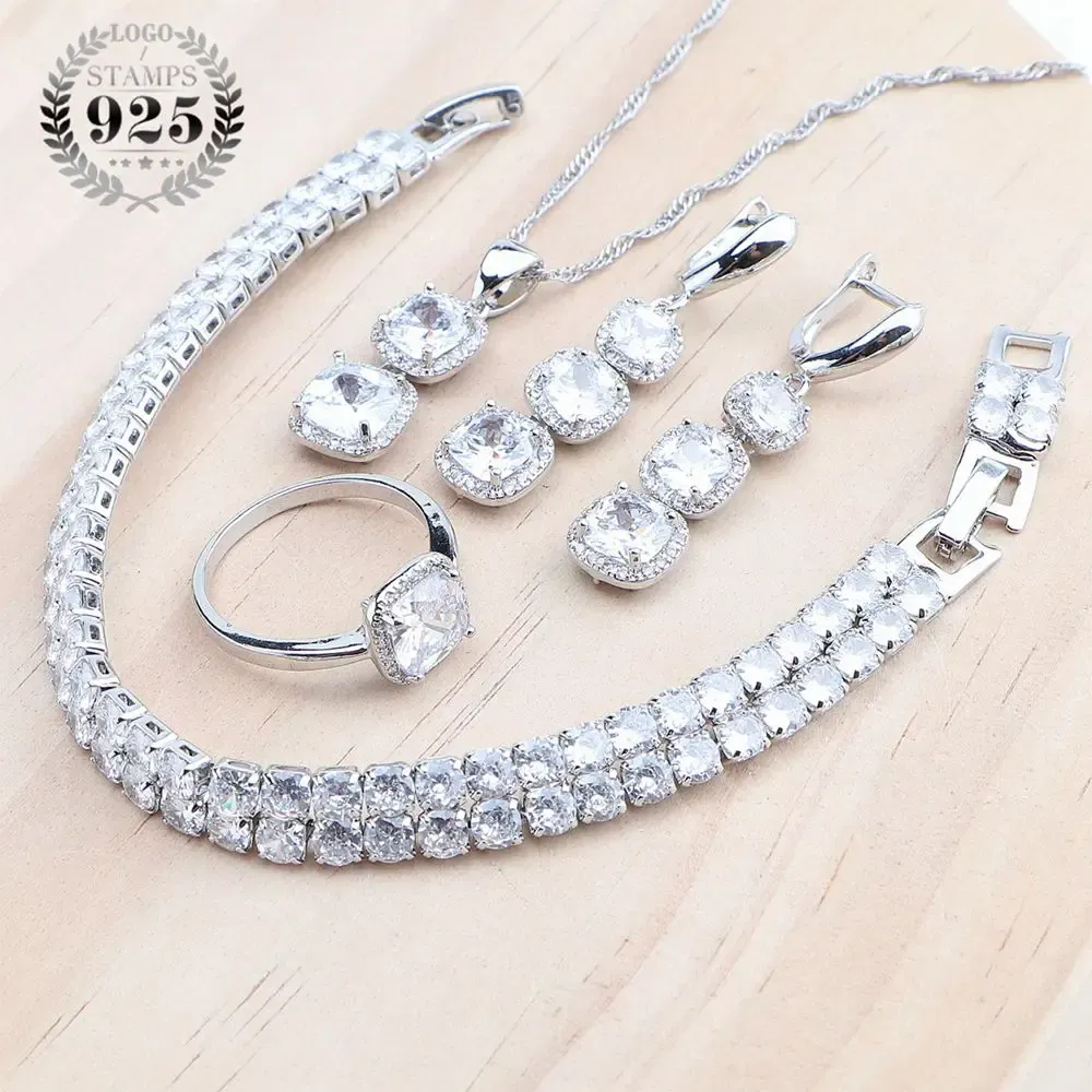 Collier blanc Zircon argent 925, ensembles de bijoux, boucles d'oreilles de mariée pour femmes, collier de mariage, pendentif pierres, ensemble de Bracelets