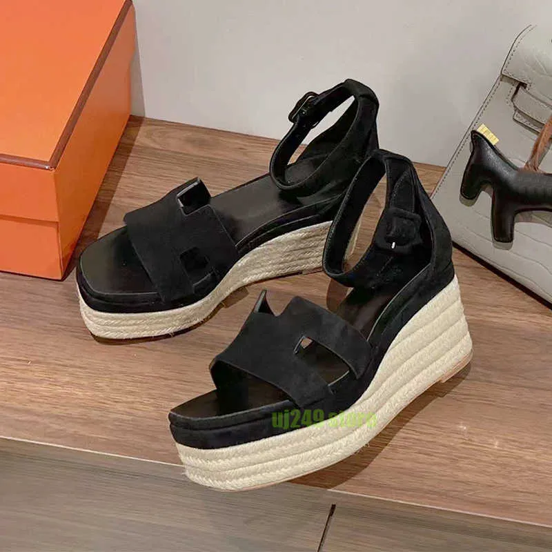 Designer äkta läder hög plattform sandaler halmvävd kil ankel rem rem chunky klackar block klack öppen tå klänning sko kvinnor lyx izmir hög häl sandal