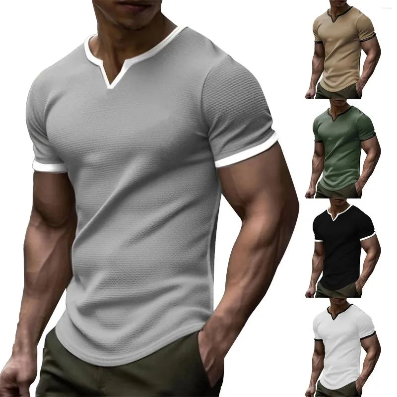 Men's T Shirts Fashion Spring And Summer Casual Short Sleeved V Neck Plaid Solid Color Shirt Tops