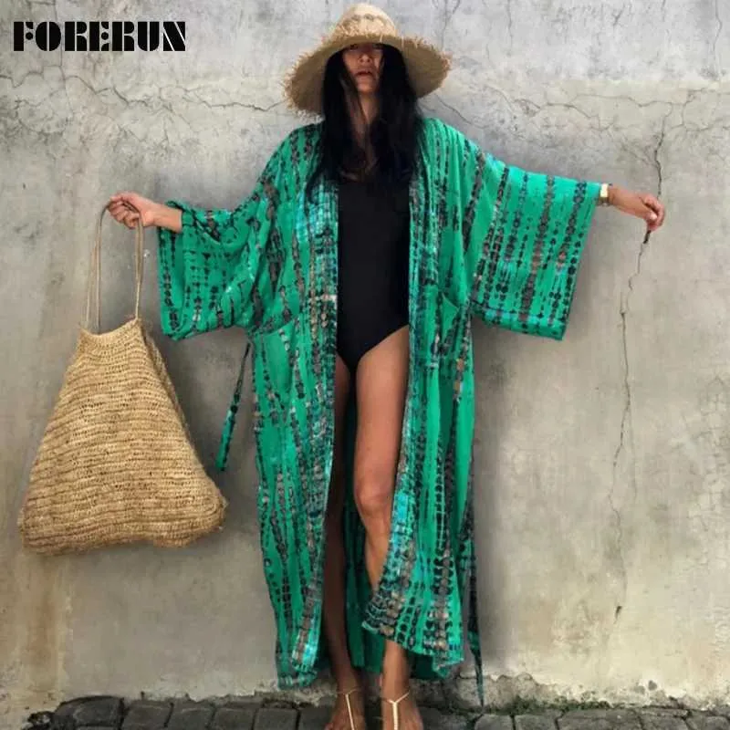 Grundlegende Freizeitkleider FORERUN Kimono-Cardigan für Damen, Sommerdruck, lockerer und eleganter Bund, böhmischer langer Rock, Strandanzug, Badeanzug, Oberteil J240130